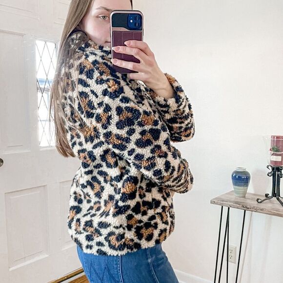 J Crew Vintage Fleece Snap-Collar Sherpa Fleece Pullover Leopard XXS - Picture 3 of 11